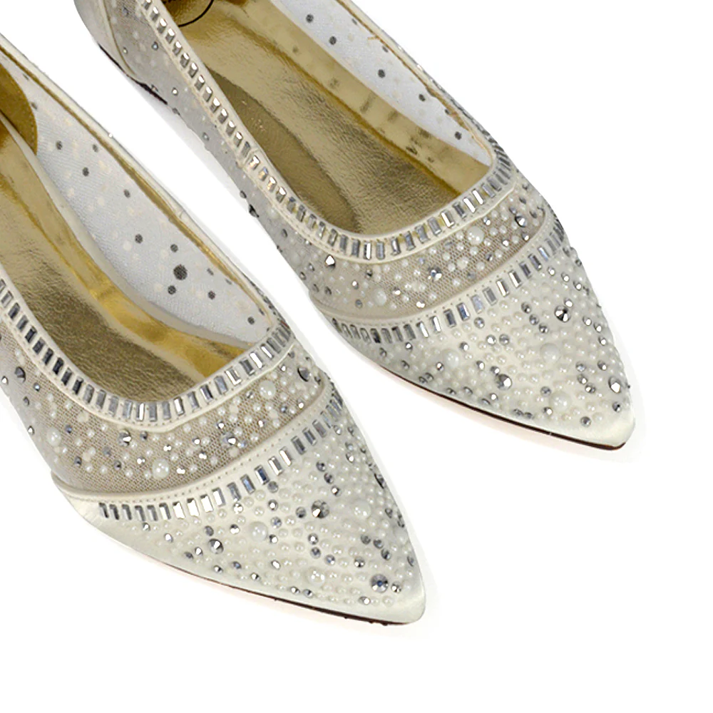Vivian Pointed Toe Sparkly Diamante Wedding Bridal Pump Flats in Silver Satin - Image 52