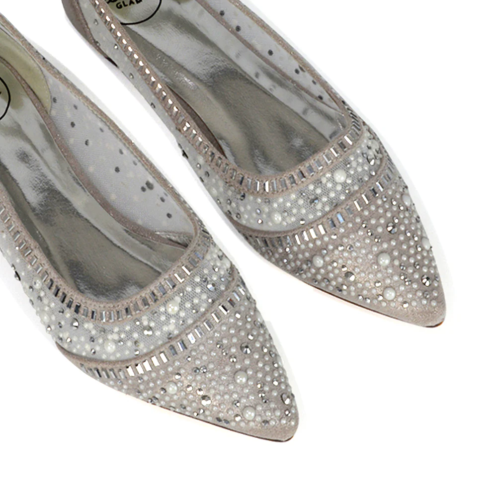 Vivian Pointed Toe Sparkly Diamante Wedding Bridal Pump Flats in Silver Satin - Image 72