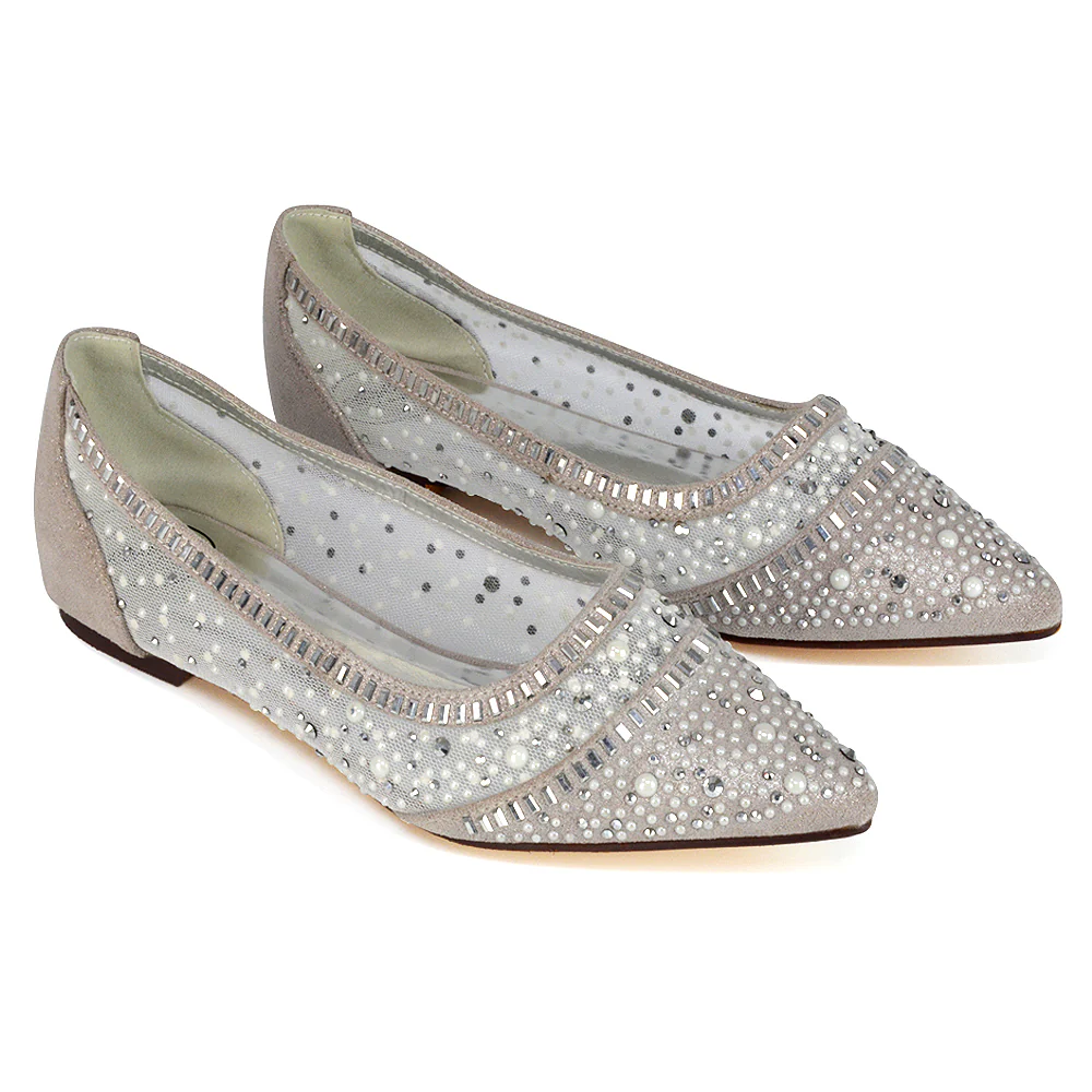 Vivian Pointed Toe Sparkly Diamante Wedding Bridal Pump Flats in Silver Satin - Image 79