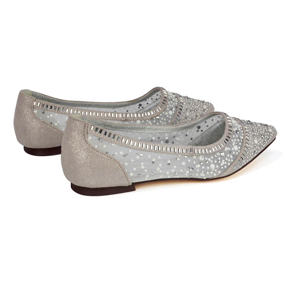 Vivian Pointed Toe Sparkly Diamante Wedding Bridal Pump Flats in Silver Satin - Image 85