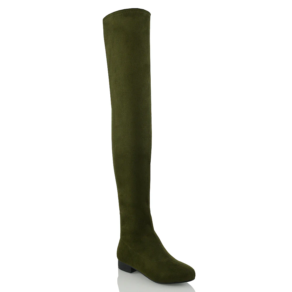WILLOW FLAT RIDING FAUX SUEDE THIGH KNEE HIGH BOOTS IN GREEN - Image 14