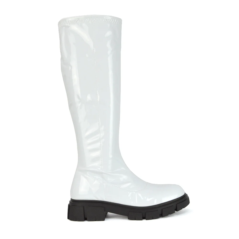 Wilma Chunky Cleated Sole Long Inside Zip-Up Flat Knee High Biker Boots In Black Patent - Image 11
