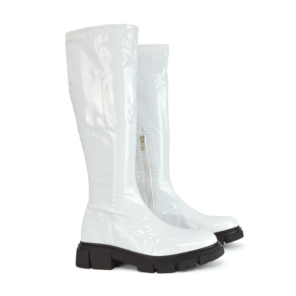 Wilma Chunky Cleated Sole Long Inside Zip-Up Flat Knee High Biker Boots In Black Patent - Image 16