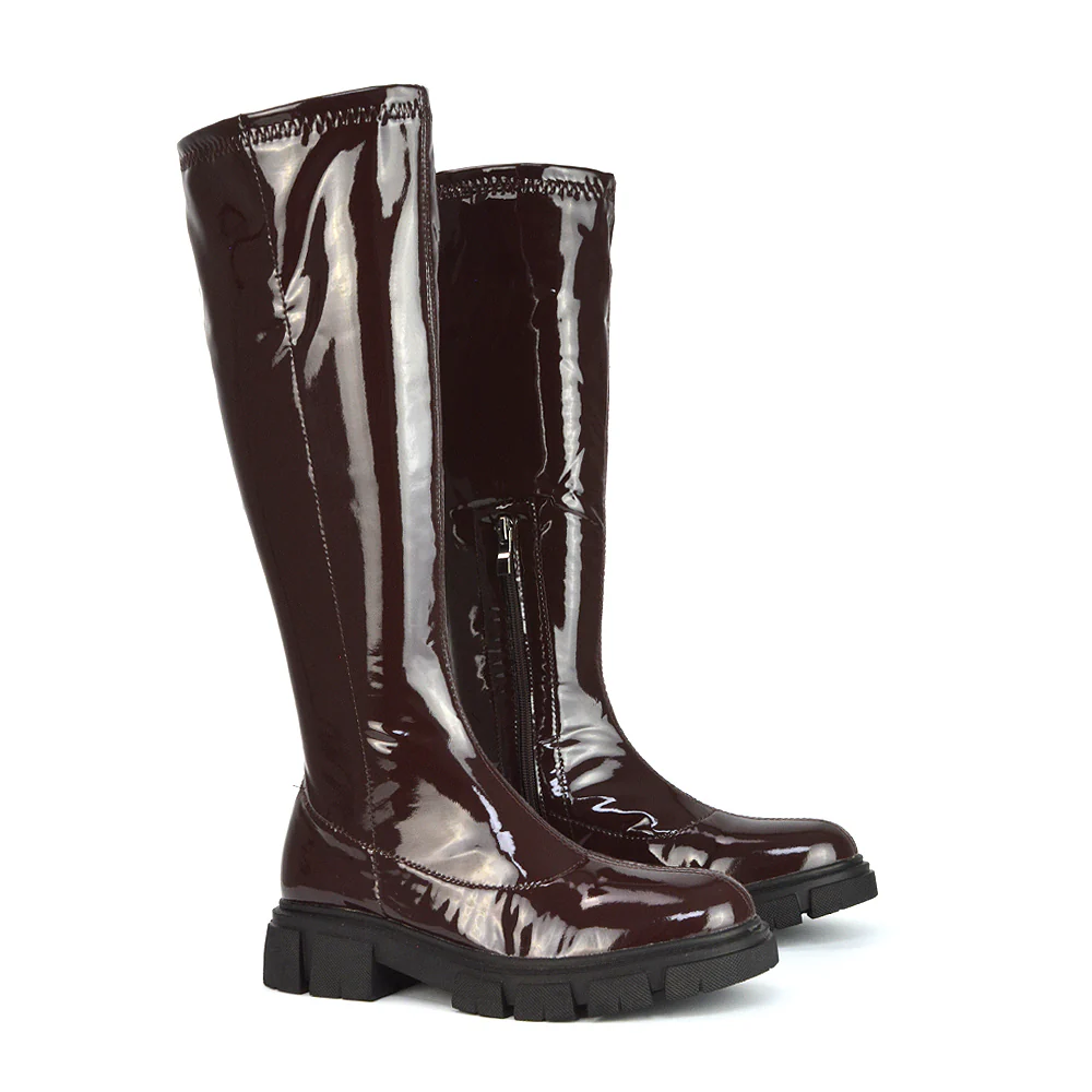Wilma Chunky Cleated Sole Long Inside Zip-Up Flat Knee High Biker Boots In Black Patent - Image 34