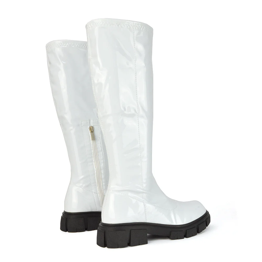 Wilma Chunky Cleated Sole Long Inside Zip-Up Flat Knee High Biker Boots In Brown Patent - Image 19
