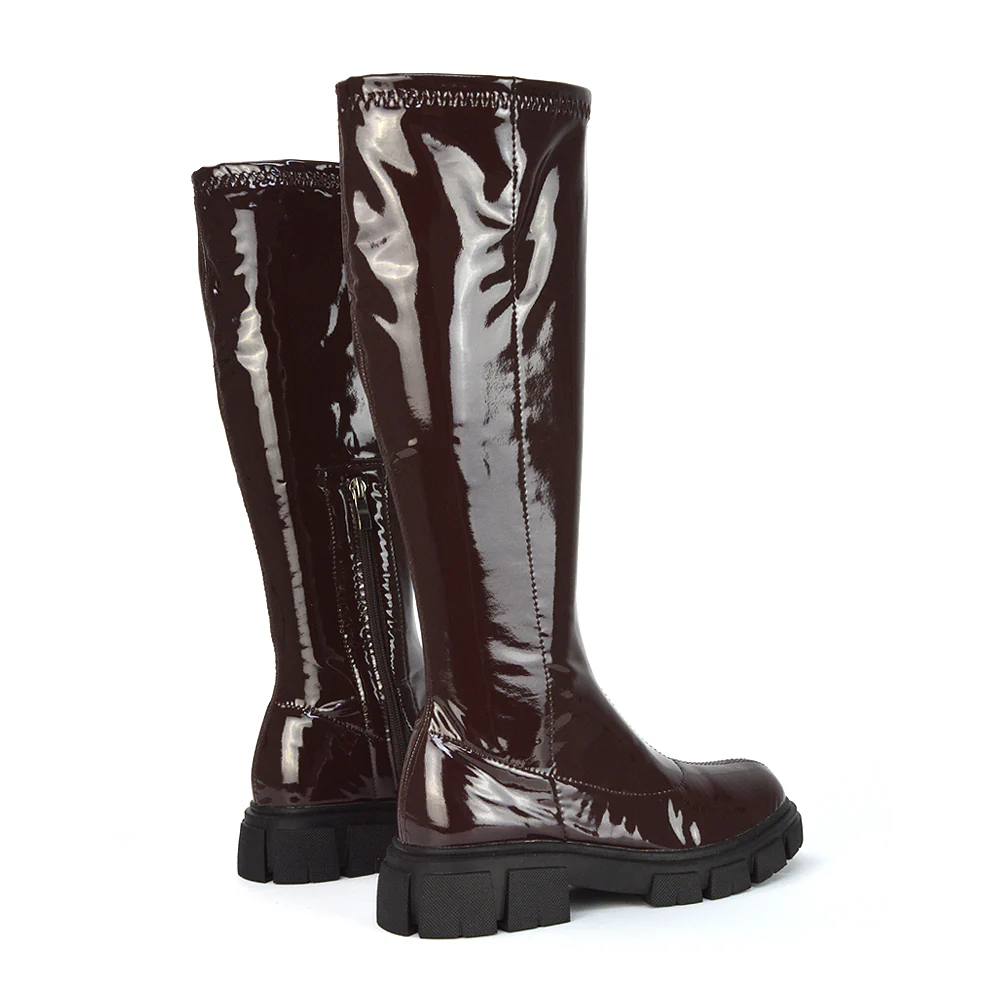 Wilma Chunky Cleated Sole Long Inside Zip-Up Flat Knee High Biker Boots In Brown Patent - Image 3