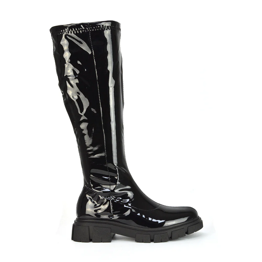 Wilma Chunky Cleated Sole Long Inside Zip-Up Flat Knee High Biker Boots In Brown Patent - Image 48