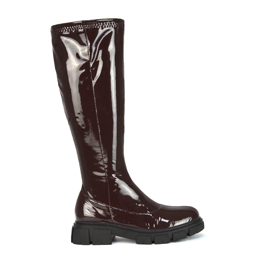 Wilma Chunky Cleated Sole Long Inside Zip-Up Flat Knee High Biker Boots In White Patent - Image 38