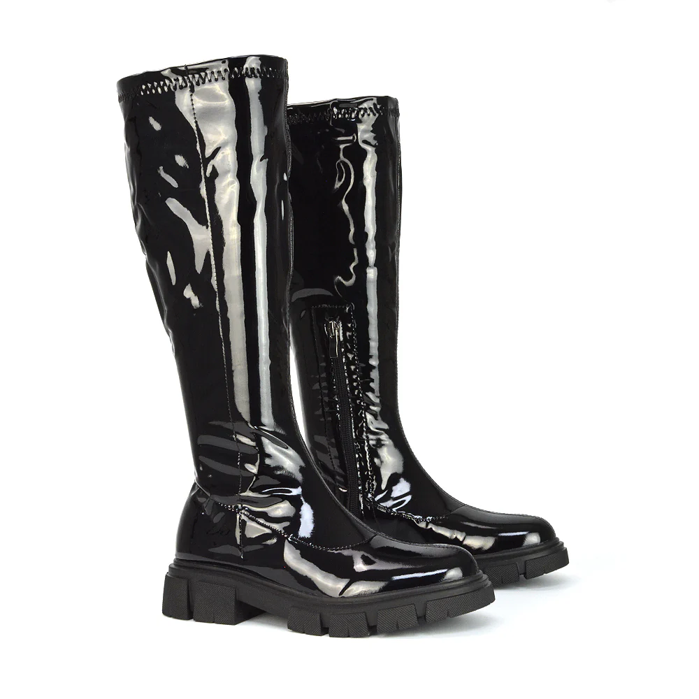 Wilma Chunky Cleated Sole Long Inside Zip-Up Flat Knee High Biker Boots In White Patent - Image 40