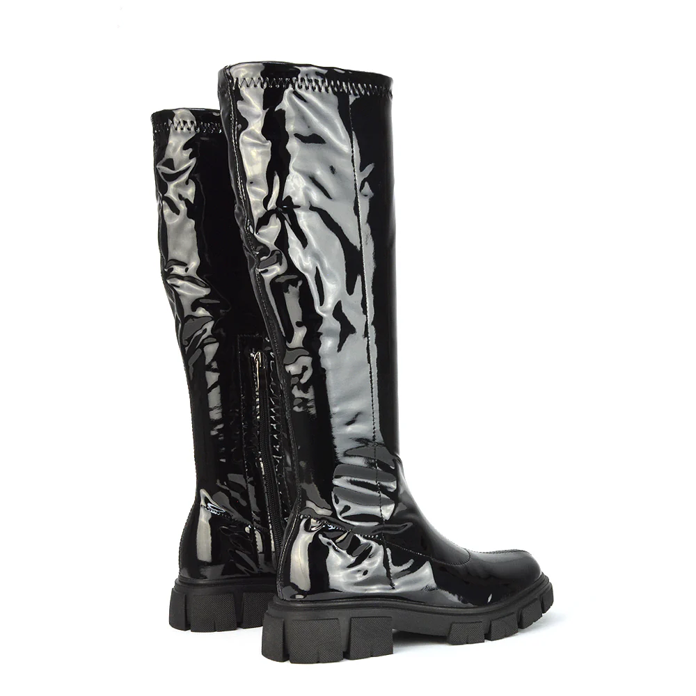 Wilma Chunky Cleated Sole Long Inside Zip-Up Flat Knee High Biker Boots In White Patent - Image 45