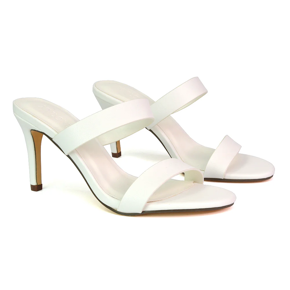 Wolf Round Toe Double Strap Stiletto High Heel Mule Sandals in White - Image 39
