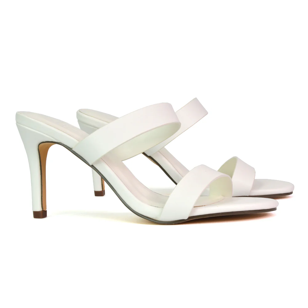 Wolf Round Toe Double Strap Stiletto High Heel Mule Sandals in White - Image 5