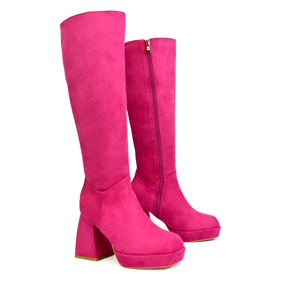 Wren Knee High Boots With Platform Chunky Flared Block Heel In Black Faux Suede - Image 109
