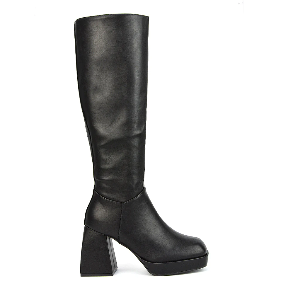 Wren Knee High Boots With Platform Chunky Flared Block Heel In Black Faux Suede - Image 15