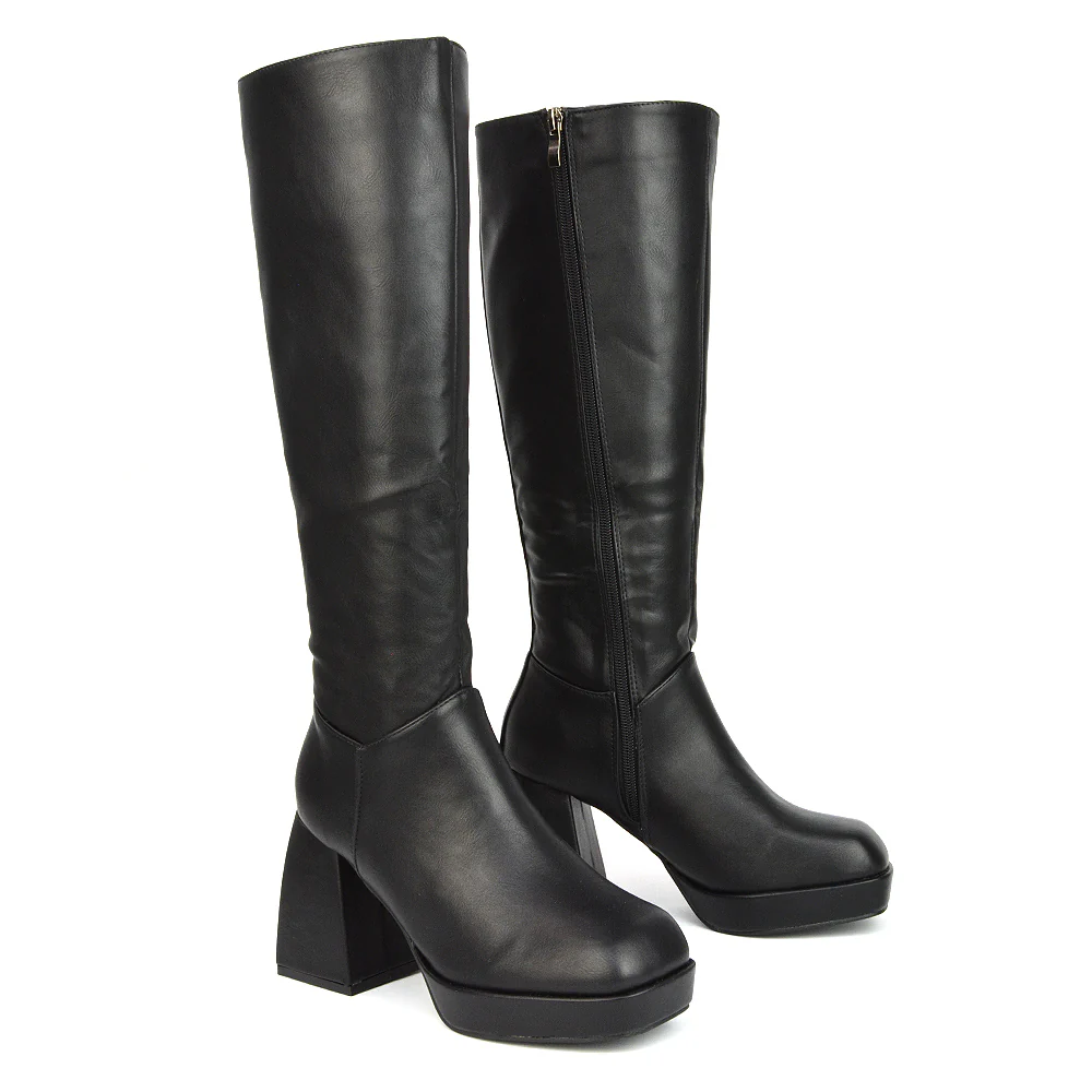 Wren Knee High Boots With Platform Chunky Flared Block Heel In Black Faux Suede - Image 31
