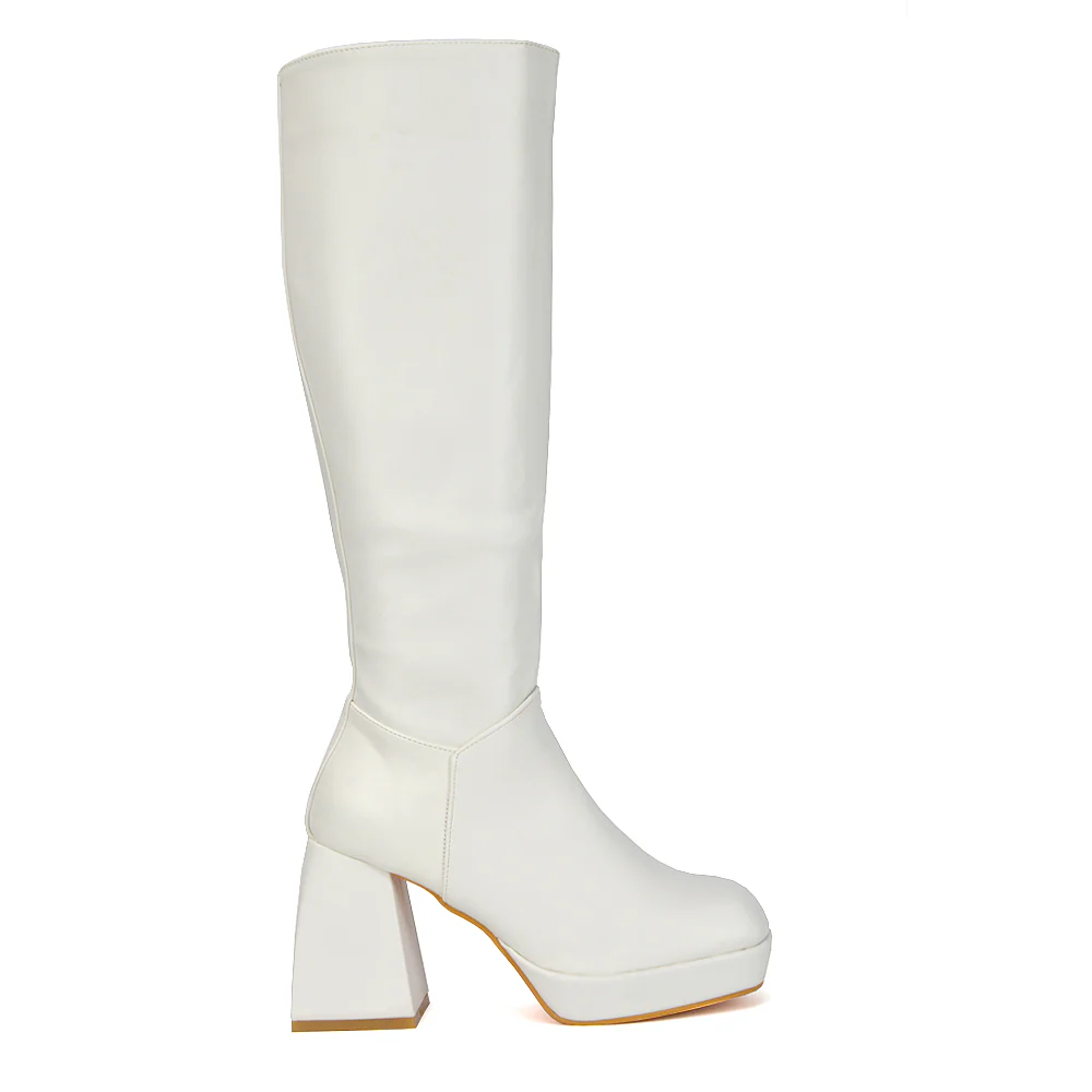 Wren Knee High Boots With Platform Chunky Flared Block Heel In Black Faux Suede - Image 63