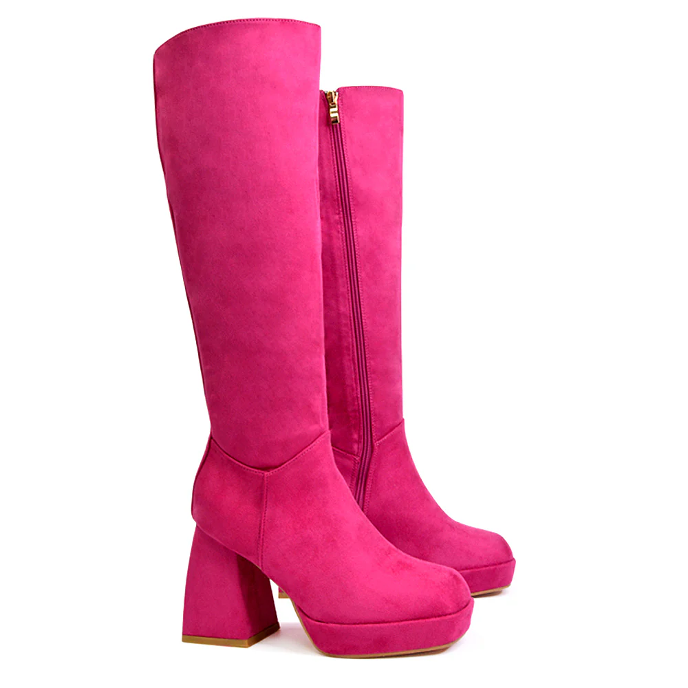 Wren Knee High Boots With Platform Chunky Flared Block Heel In Black Synthetic Leather - Image 108