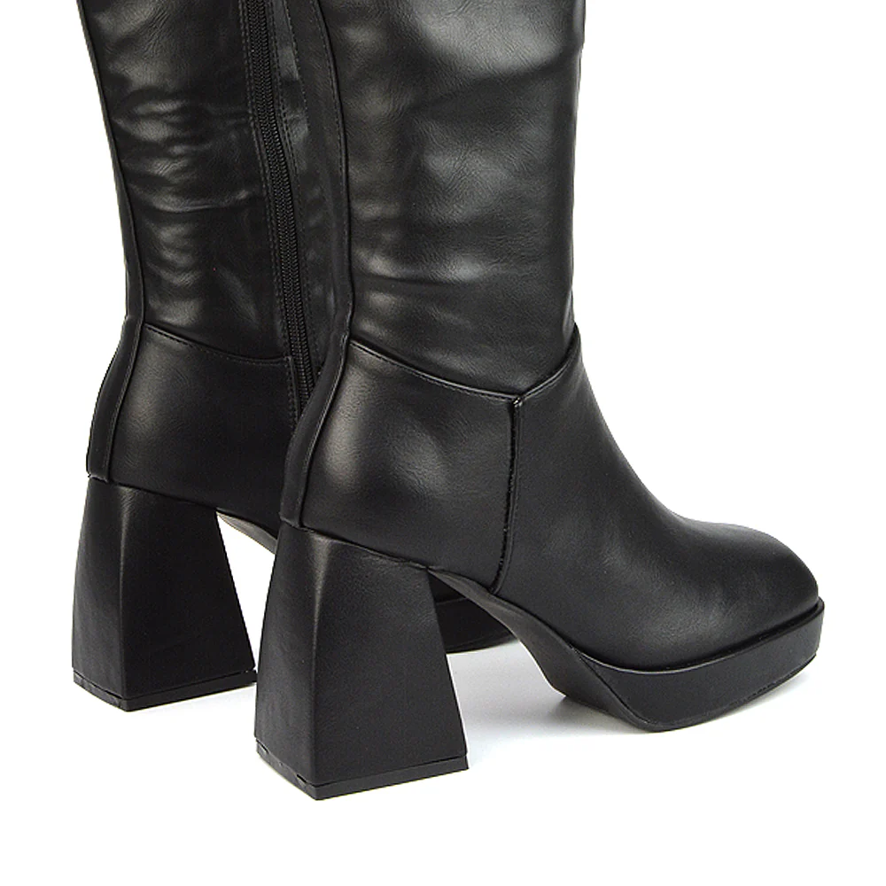 Wren Knee High Boots With Platform Chunky Flared Block Heel In Black Synthetic Leather - Image 33
