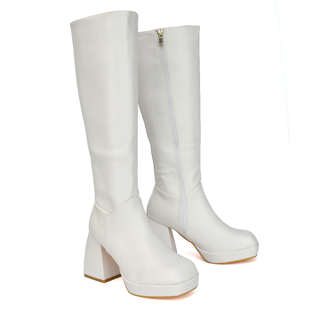 Wren Knee High Boots With Platform Chunky Flared Block Heel In Black Synthetic Leather - Image 56