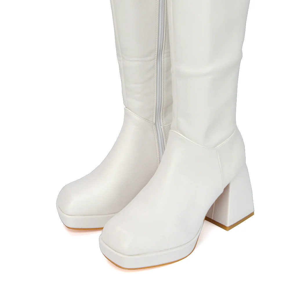 Wren Knee High Boots With Platform Chunky Flared Block Heel In Black Synthetic Leather - Image 66