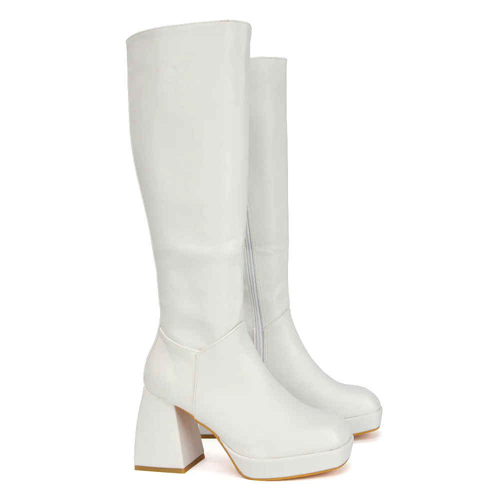 Wren Knee High Boots With Platform Chunky Flared Block Heel In Black Synthetic Leather - Image 67
