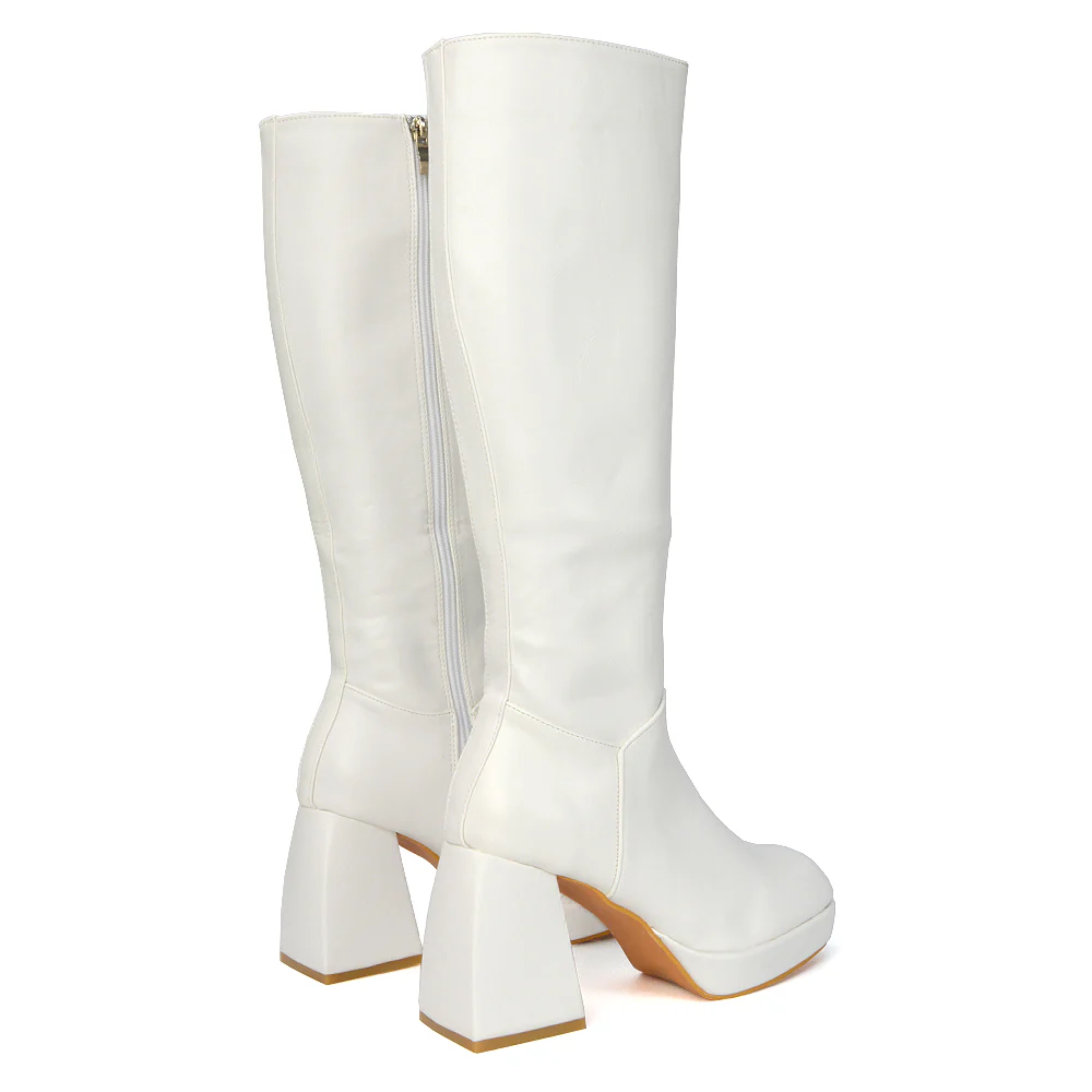 Wren Knee High Boots With Platform Chunky Flared Block Heel In Black Synthetic Leather - Image 71