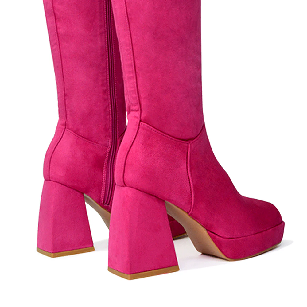 Wren Knee High Boots With Platform Chunky Flared Block Heel In Black Synthetic Leather - Image 97