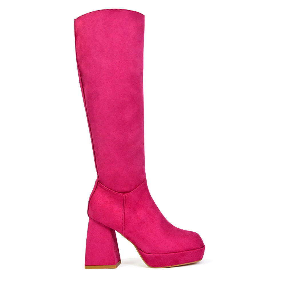 Wren Knee High Boots With Platform Chunky Flared Block Heel In Pink Faux Suede - Image 105