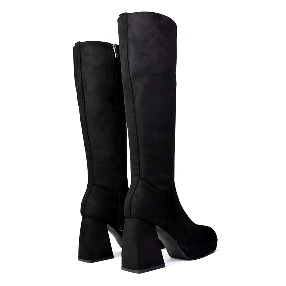 Wren Knee High Boots With Platform Chunky Flared Block Heel In Pink Faux Suede - Image 127