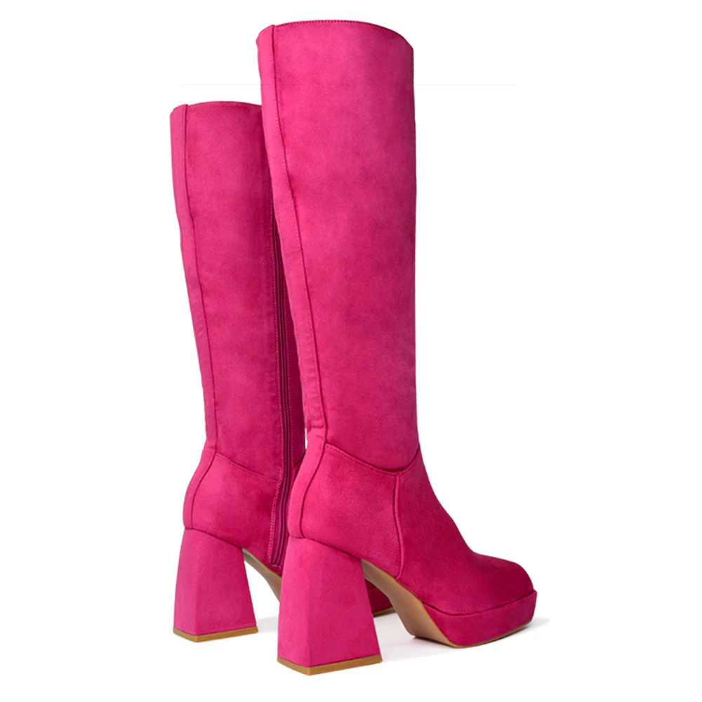 Wren Knee High Boots With Platform Chunky Flared Block Heel In White Synthetic Leather - Image 101