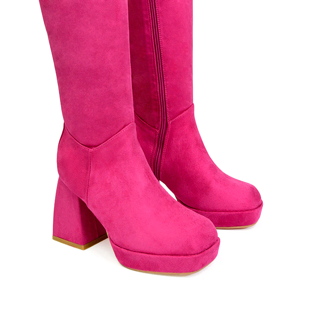 Wren Knee High Boots With Platform Chunky Flared Block Heel In White Synthetic Leather - Image 111