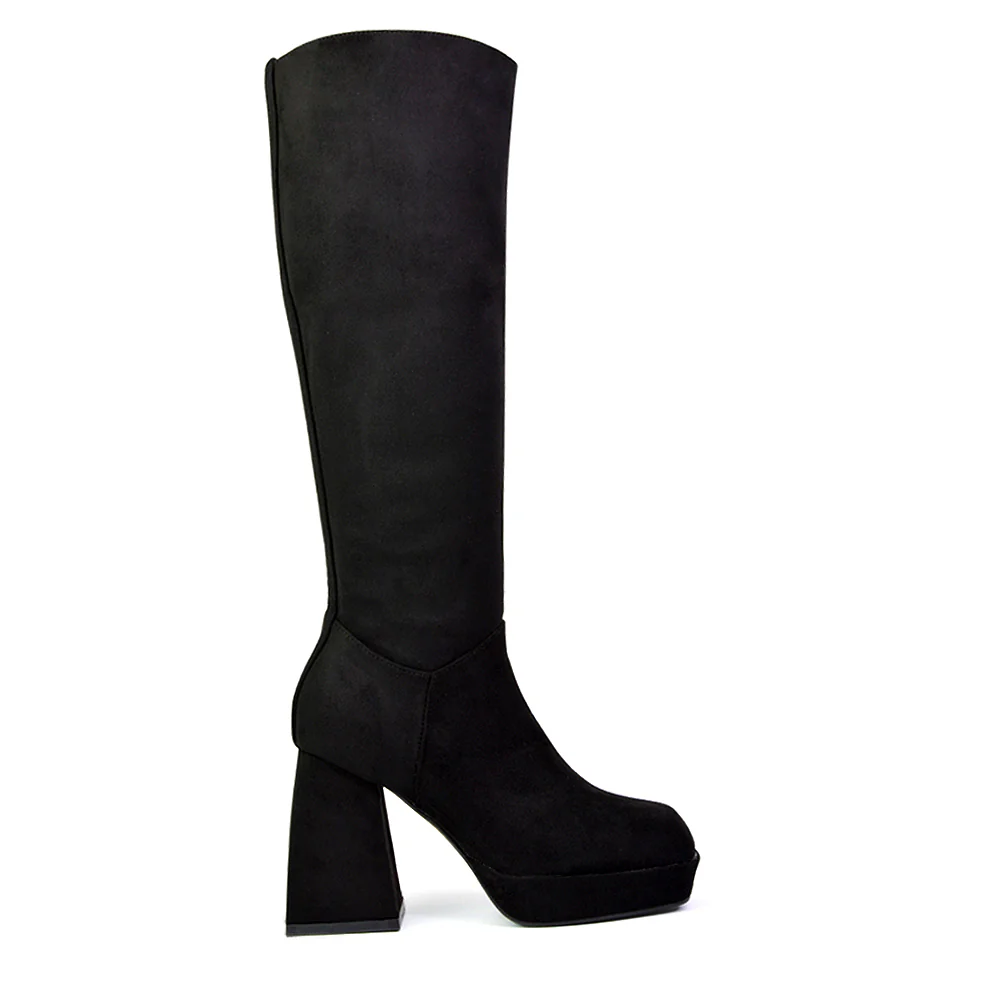 Wren Knee High Boots With Platform Chunky Flared Block Heel In White Synthetic Leather - Image 126