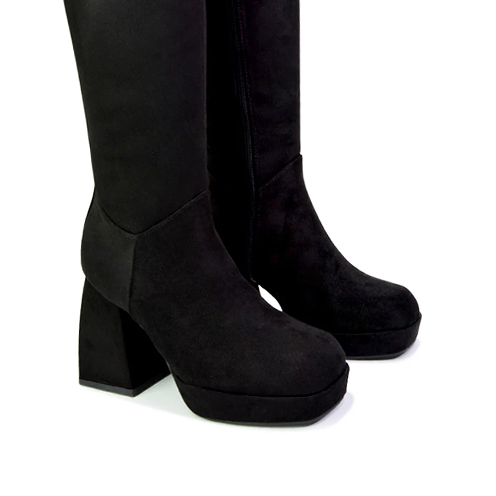 Wren Knee High Boots With Platform Chunky Flared Block Heel In White Synthetic Leather - Image 129
