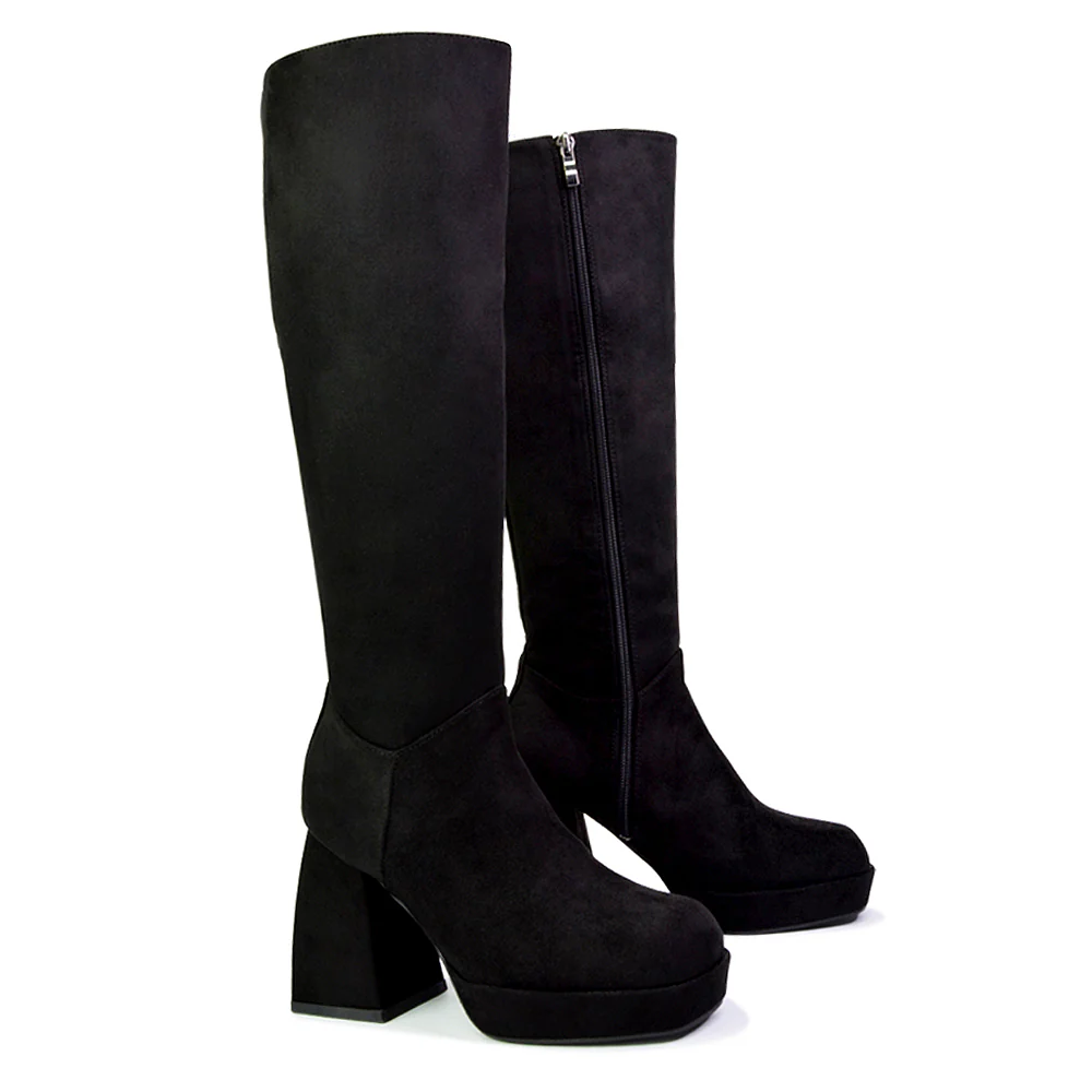 Wren Knee High Boots With Platform Chunky Flared Block Heel In White Synthetic Leather - Image 130