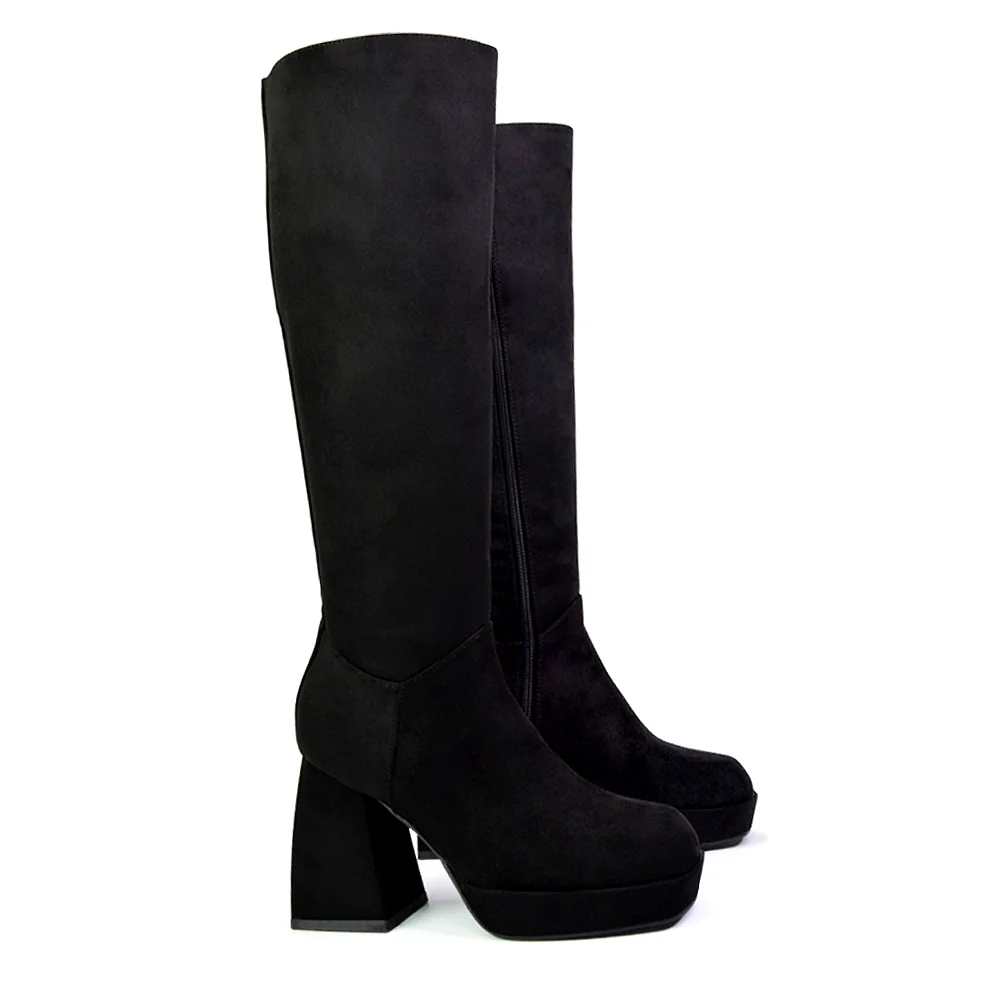 Wren Knee High Boots With Platform Chunky Flared Block Heel In White Synthetic Leather - Image 131