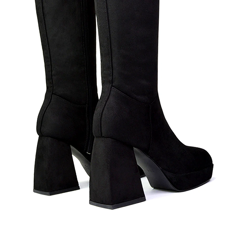 Wren Knee High Boots With Platform Chunky Flared Block Heel In White Synthetic Leather - Image 139