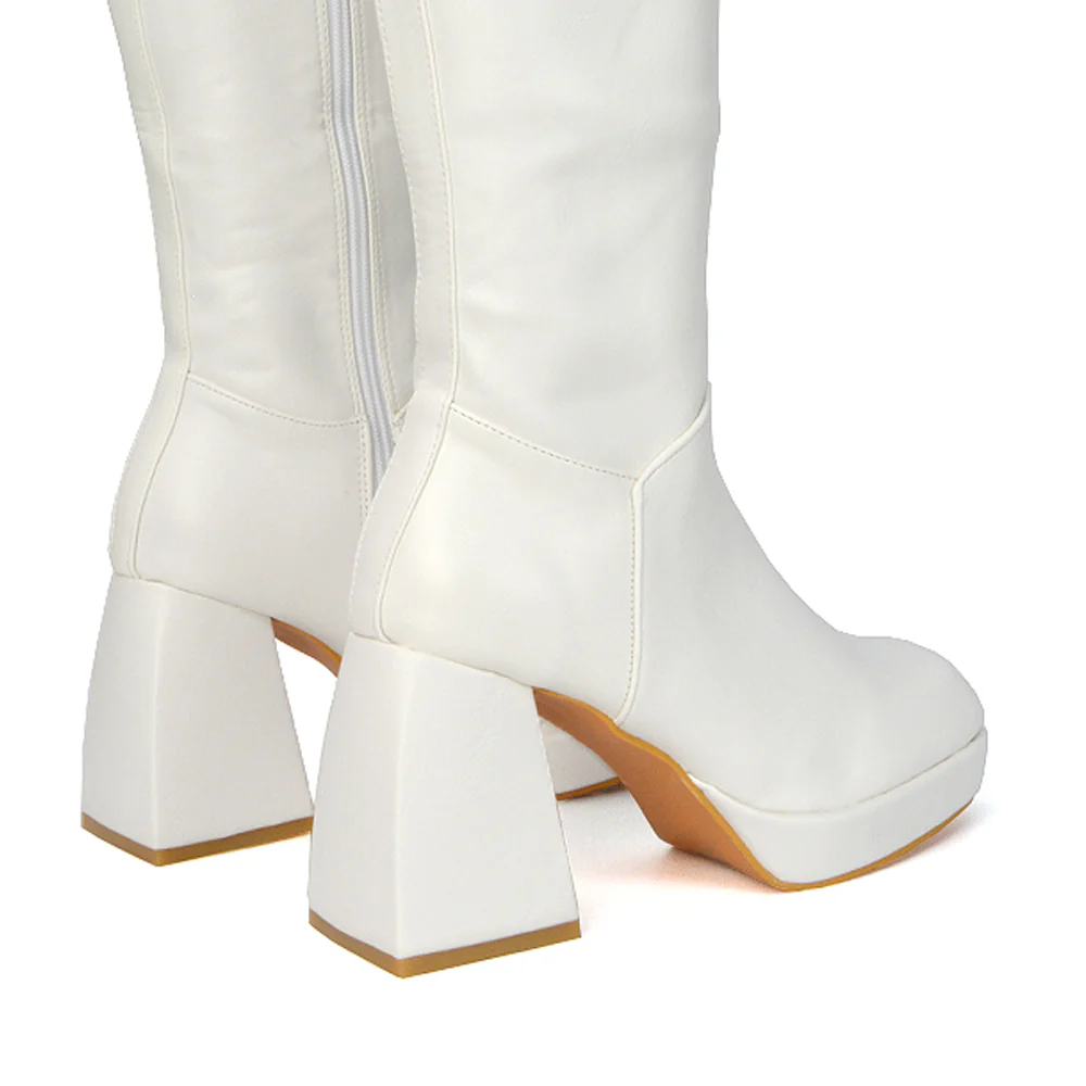 Wren Knee High Boots With Platform Chunky Flared Block Heel In White Synthetic Leather - Image 2