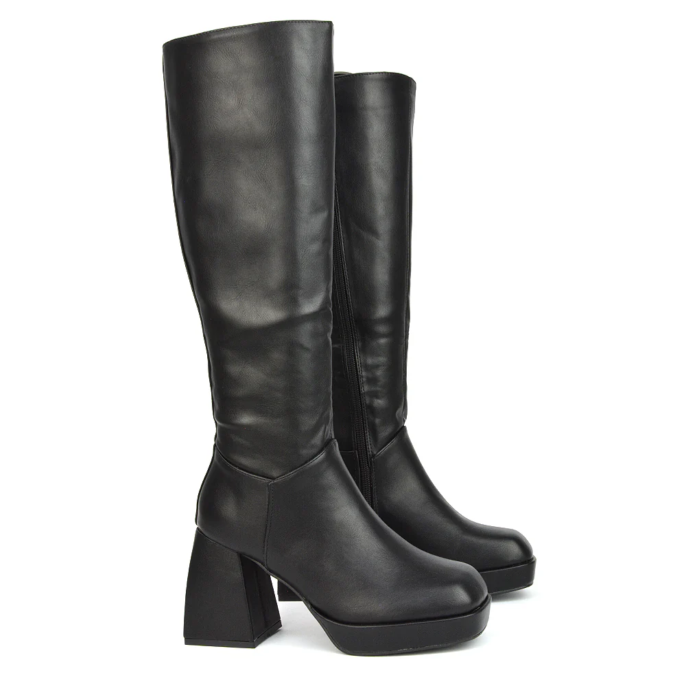 Wren Knee High Boots With Platform Chunky Flared Block Heel In White Synthetic Leather - Image 37