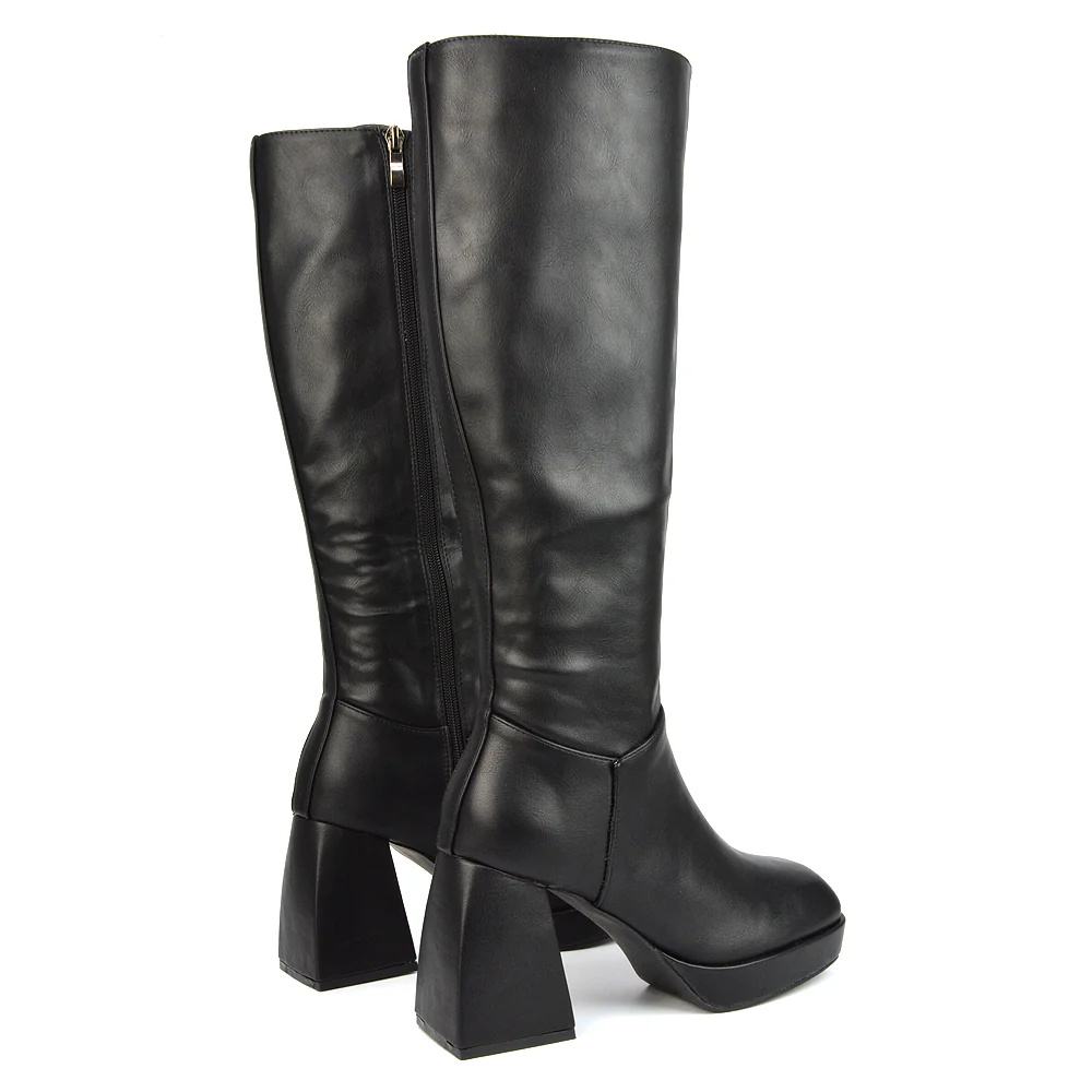 Wren Knee High Boots With Platform Chunky Flared Block Heel In White Synthetic Leather - Image 41