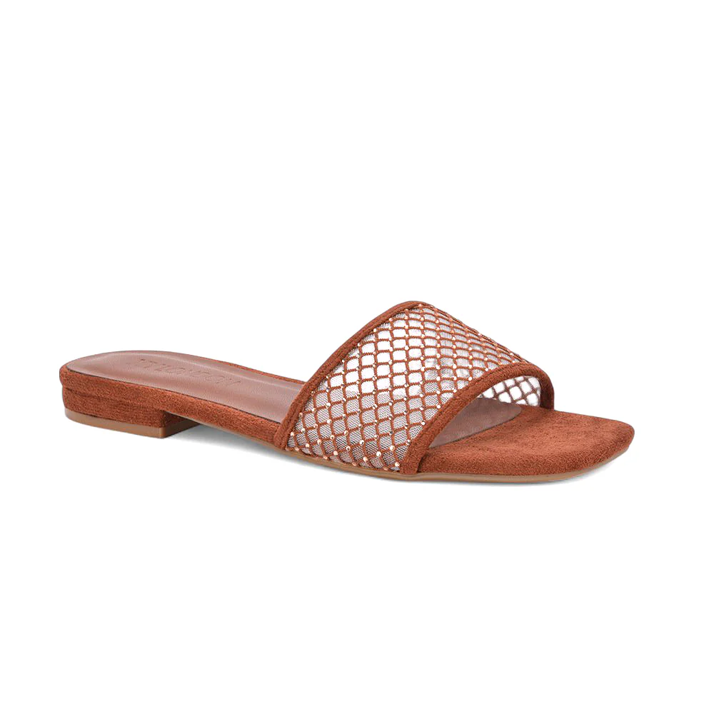 Yasmine Square Toe Slide Flat Sandals with Diamante Mesh Strap In Black Faux Suede - Image 14