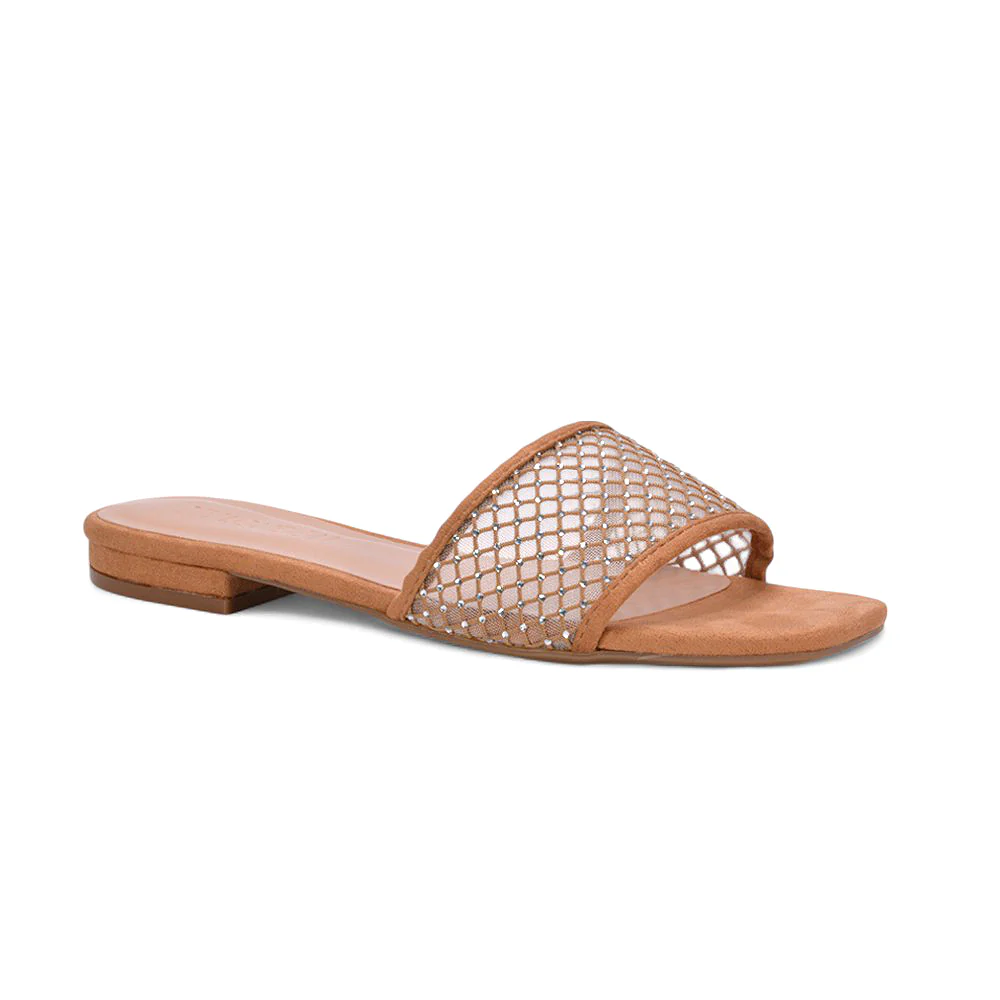 Yasmine Square Toe Slide Flat Sandals with Diamante Mesh Strap In Black Faux Suede - Image 9