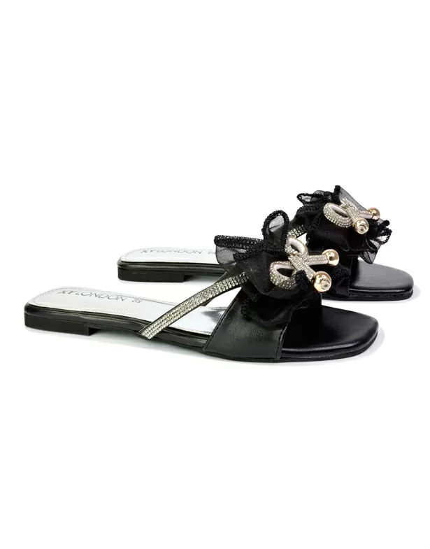 Zendaya Mesh Diamante Bow Flat Sandal Square Toe Bridal Shoes in Black - Image 2