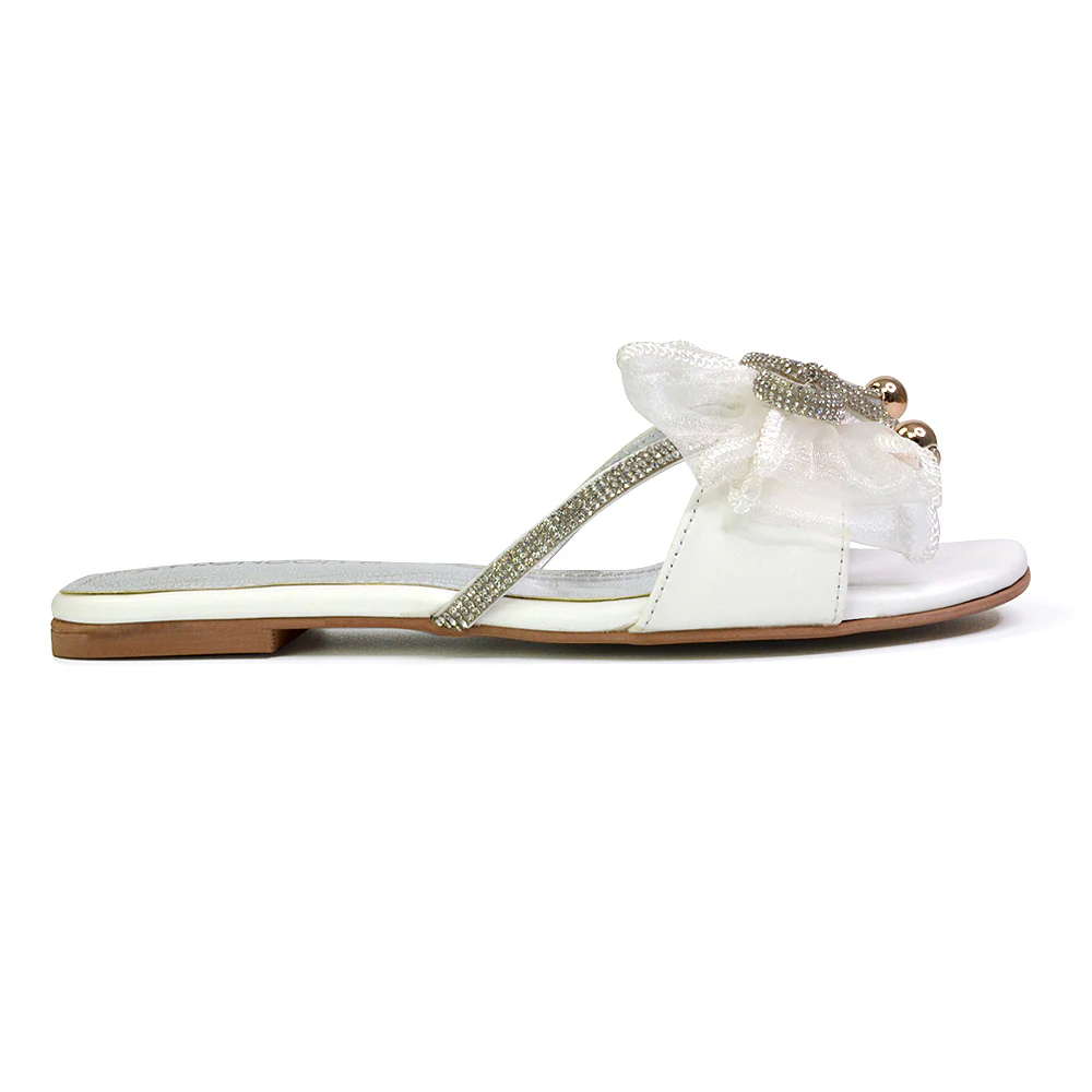 Zendaya Mesh Diamante Bow Flat Sandal Square Toe Bridal Shoes in Black - Image 37