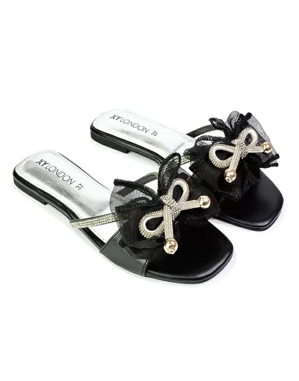 Zendaya Mesh Diamante Bow Flat Sandal Square Toe Bridal Shoes in Black - Image 4