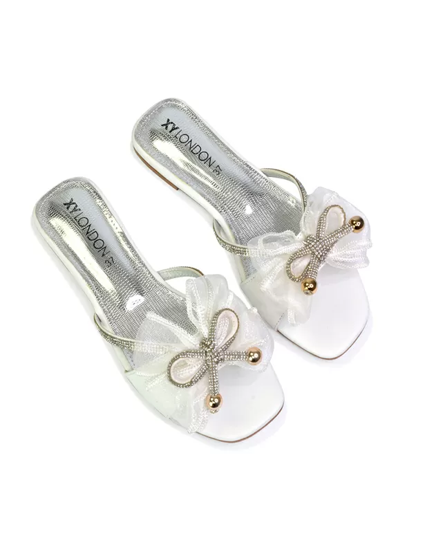 Zendaya Mesh Diamante Bow Flat Sandal Square Toe Bridal Shoes in Black - Image 6