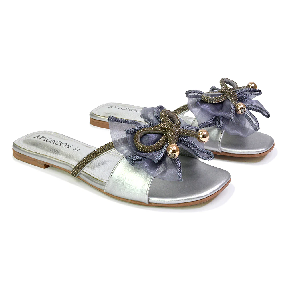 Zendaya Mesh Diamante Bow Flat Sandal Square Toe Bridal Shoes in Black - Image 99