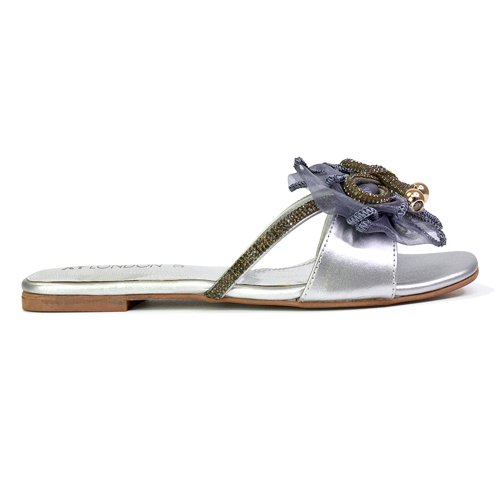 Zendaya Mesh Diamante Bow Flat Sandal Square Toe Bridal Shoes in Gold - Image 109