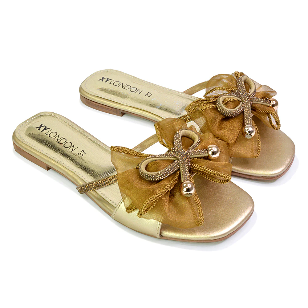 Zendaya Mesh Diamante Bow Flat Sandal Square Toe Bridal Shoes in Gold - Image 123