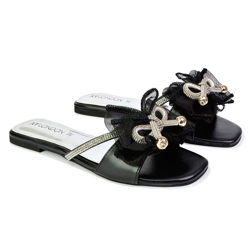 Zendaya Mesh Diamante Bow Flat Sandal Square Toe Bridal Shoes in Gold - Image 181