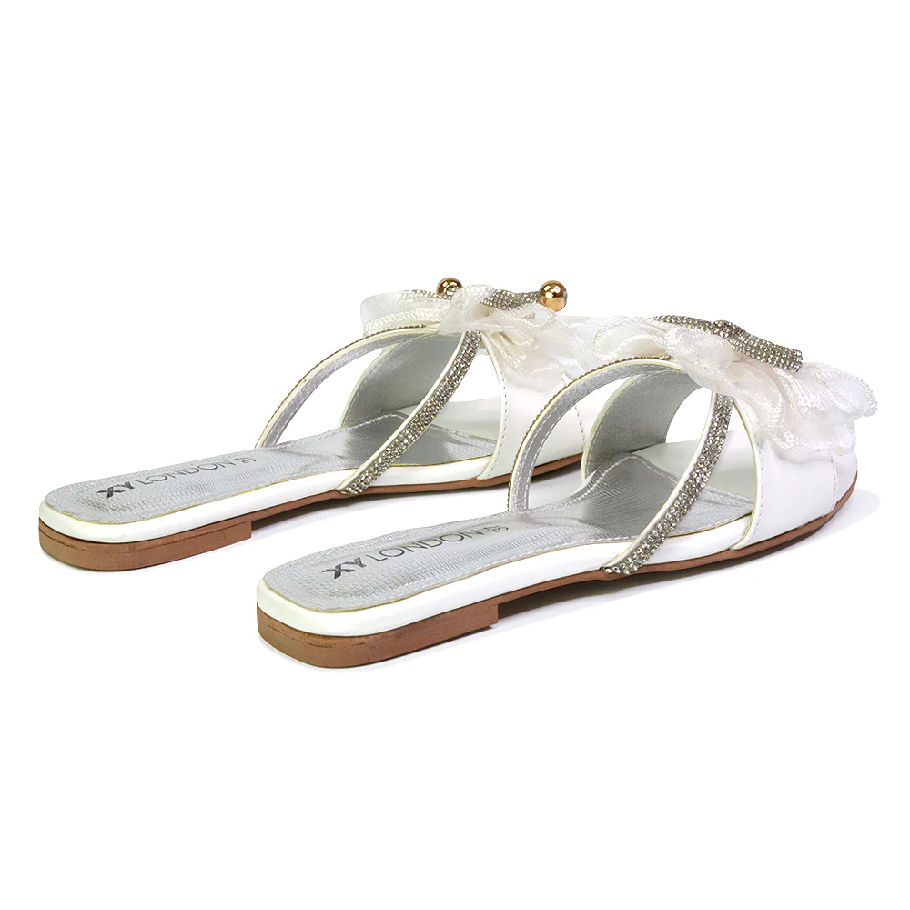Zendaya Mesh Diamante Bow Flat Sandal Square Toe Bridal Shoes in Gold - Image 29